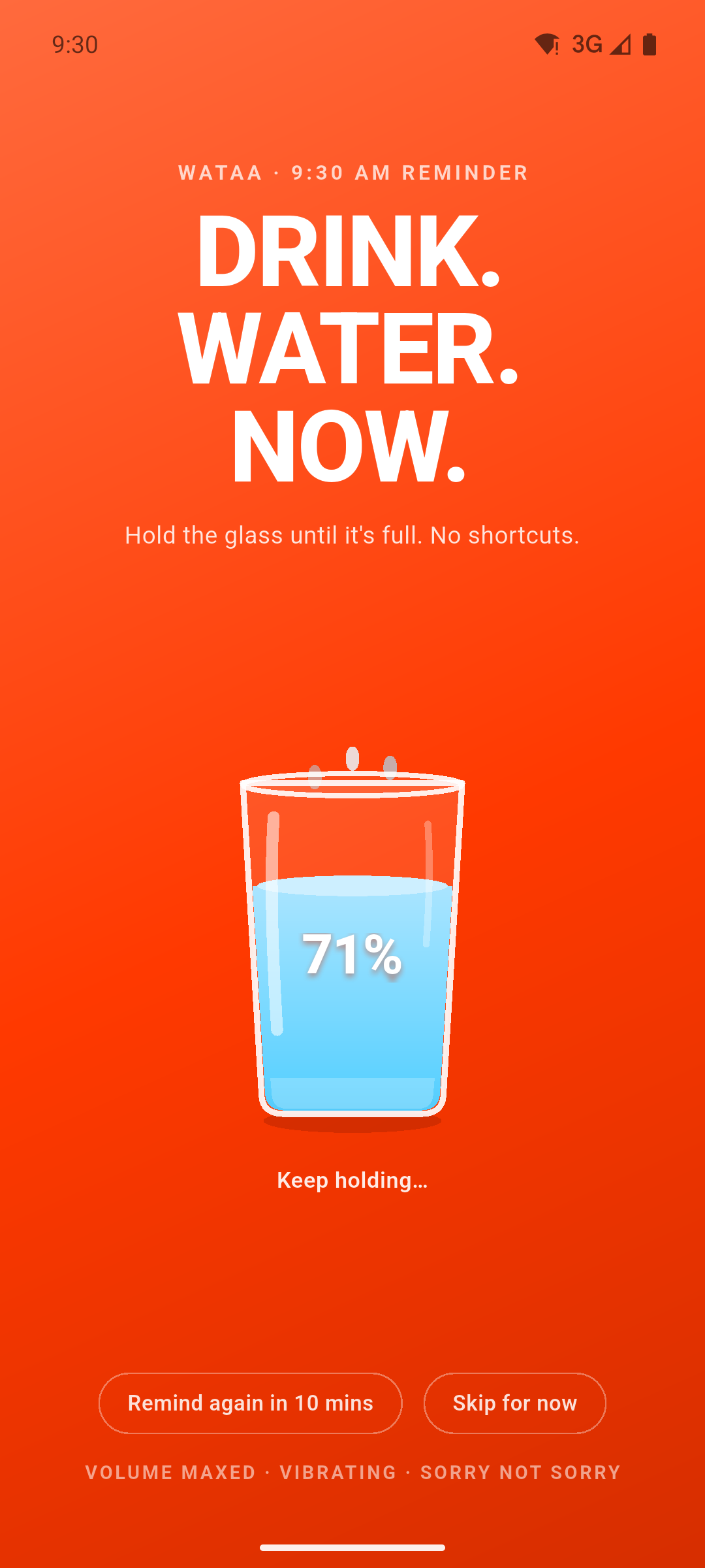 The glass on the alarm screen filling with water as it is held.