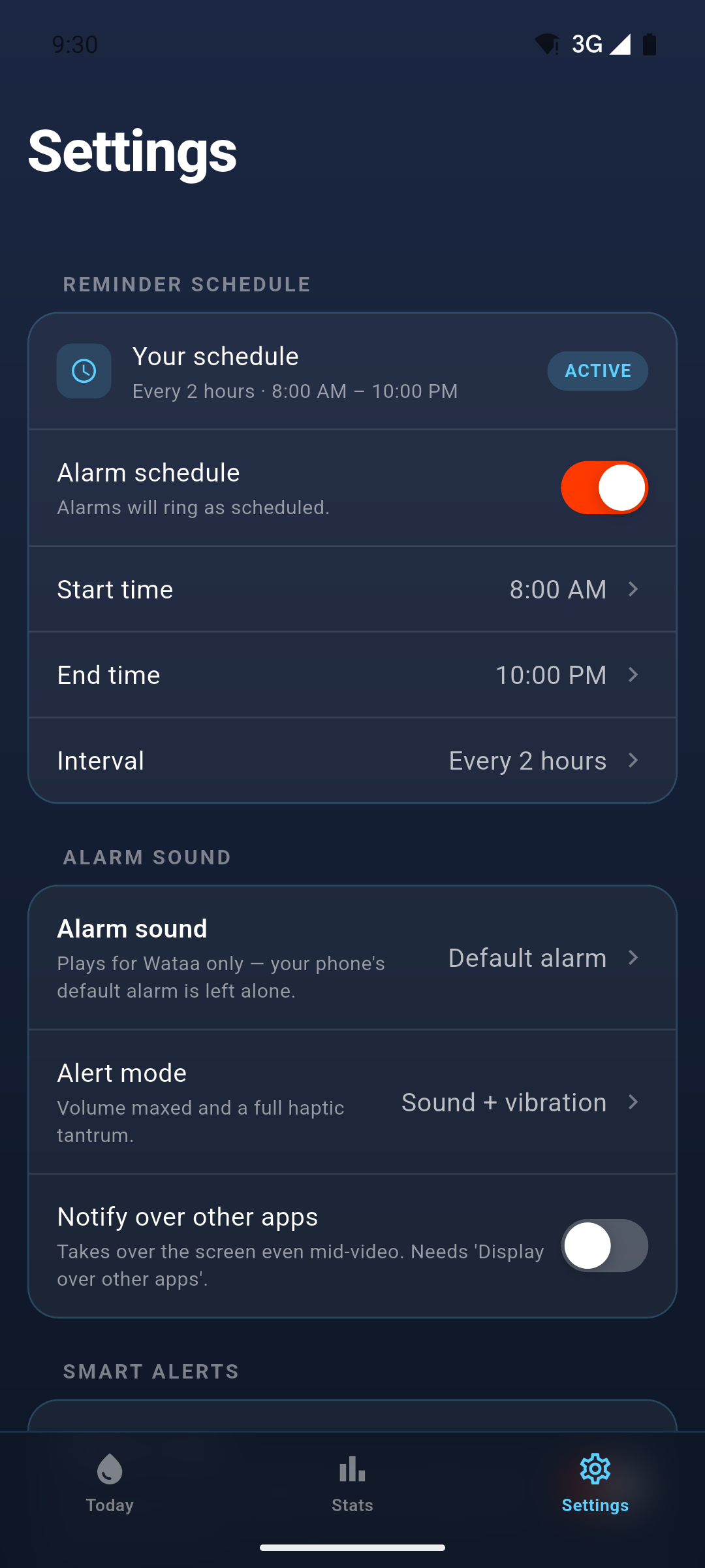 Wataa settings showing the reminder schedule and alert mode options.